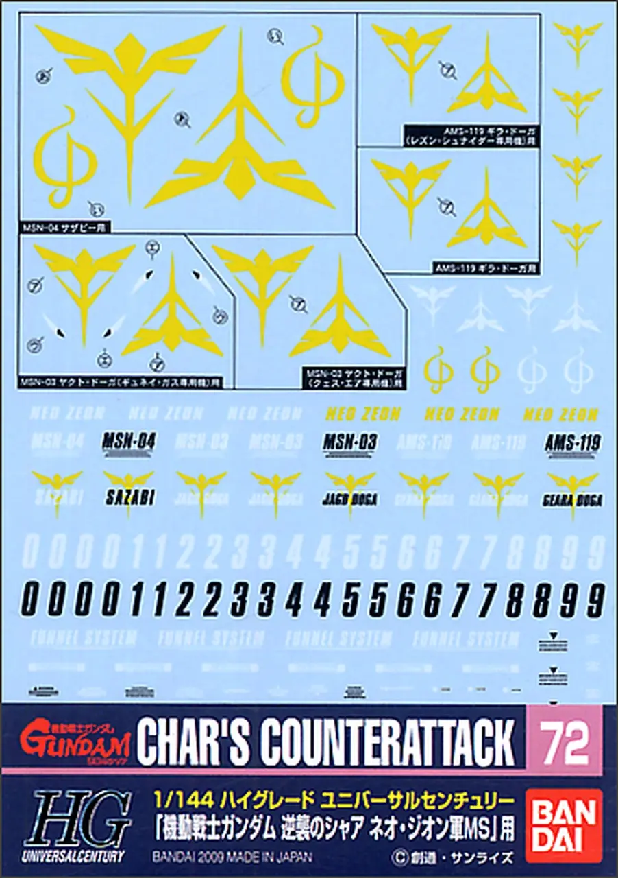 Bandai Gundam Decal #72 For 1/144 Hg Neo Zeon Char's Counterattack Series Ms Water Slide/Transfer Decals 1