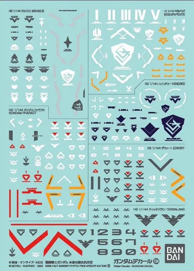 Bandai Gundam Decal #134 For Mobile Suit Gundam The Witch From Mercury Multiuse #2 Water Slide/Transfer Decals 1