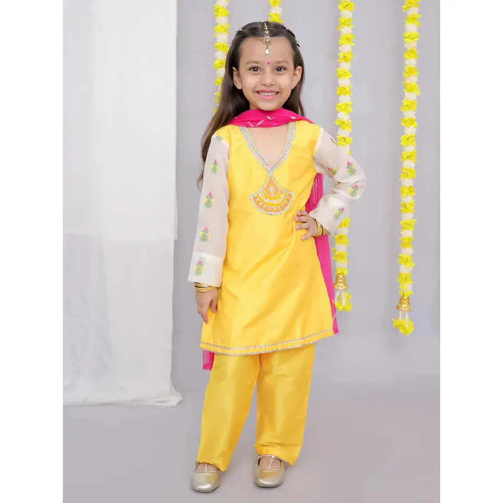 The Wishing Closet Mustard White Chanderi Emb Kurta Set - 6 Months To 5 Years 1