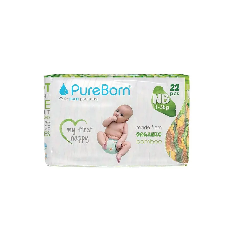 Pureborn Organic Bamboo (Size-Nb) Baby Disposable Diapers | 22 Pieces | 1-3 Kgs | New Born Essentials 1