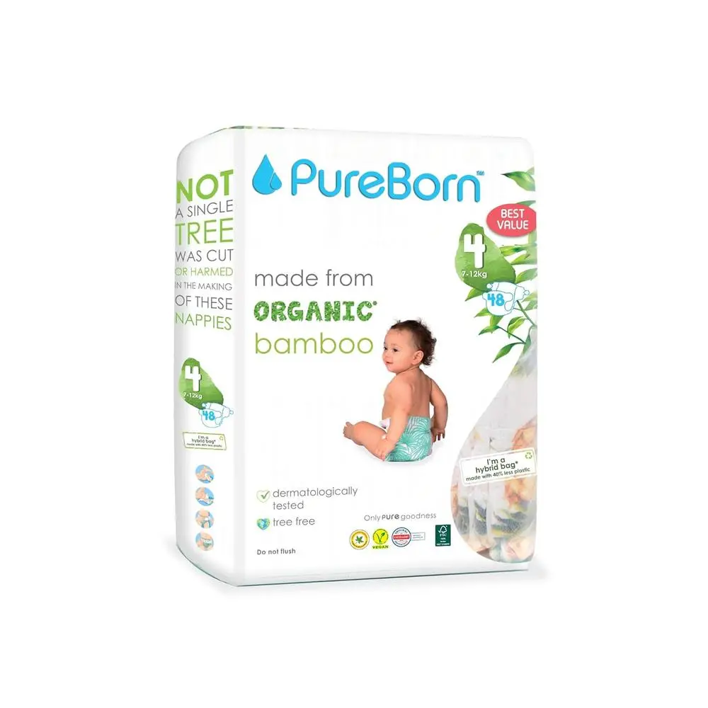 Pureborn Organic Bamboo (Size-4) Baby Disposable Diapers | 48 Pieces | 7-12 Kgs 1