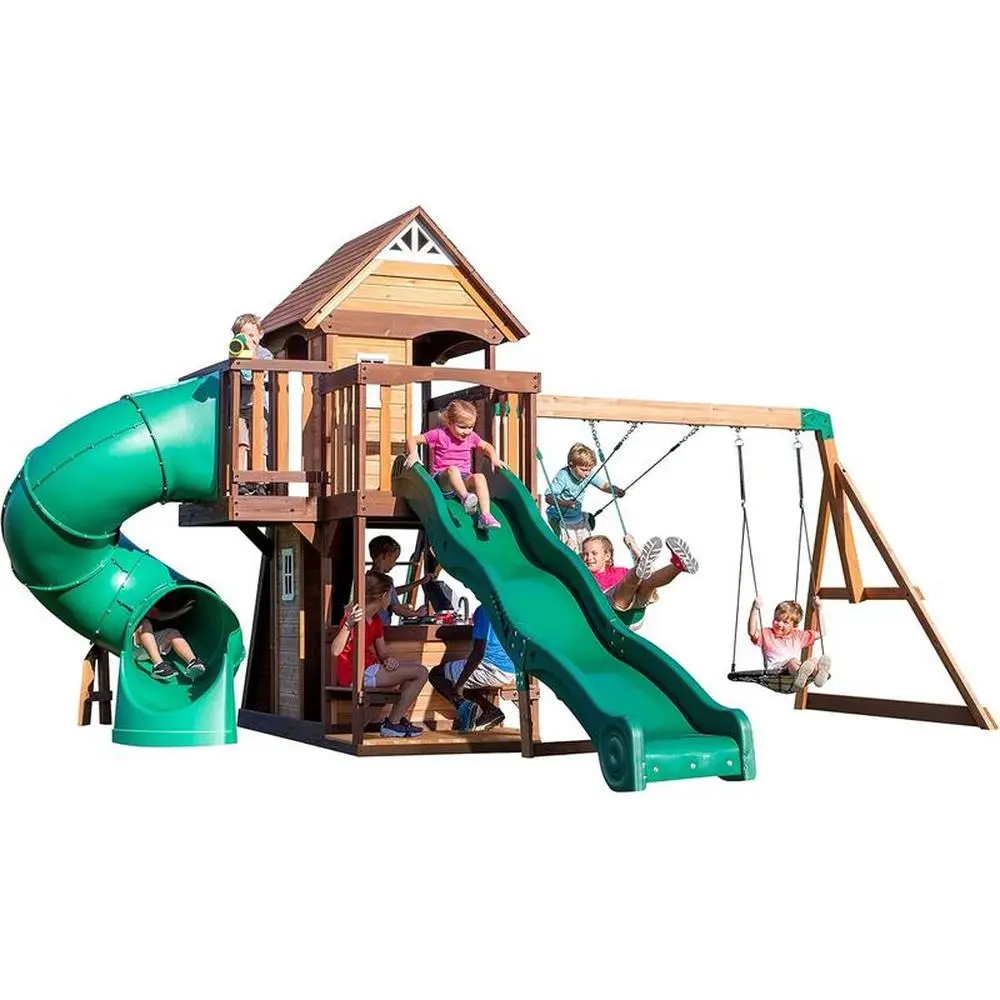 Cedar Cove Swing Set - Dual Slides, Climbing Wall, Clubhouse & More | Weight- 222.7 Kg (3-10 Years) 1