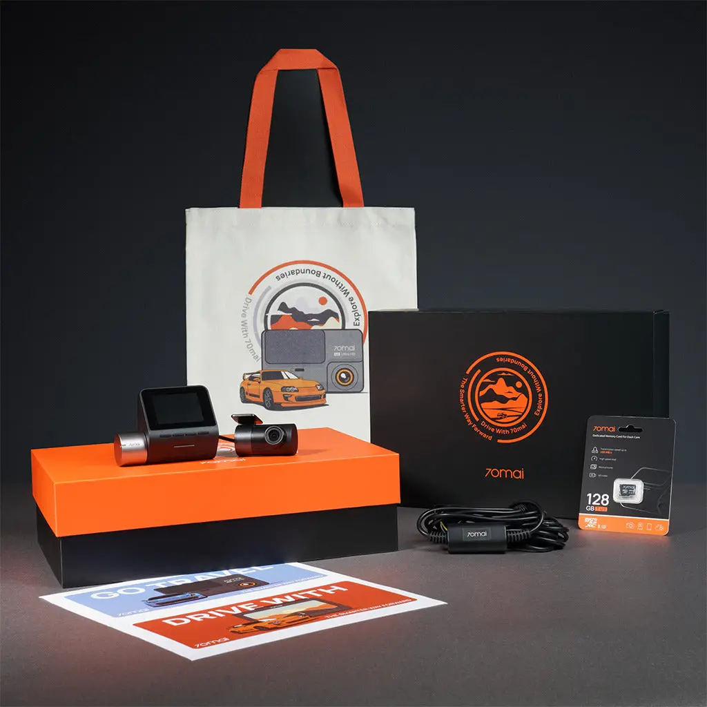 A500s Gift Box: Front Cam + Rear Cam + Memory Card + Hardwire Kit + Canvas Bag + Sticker Set 1