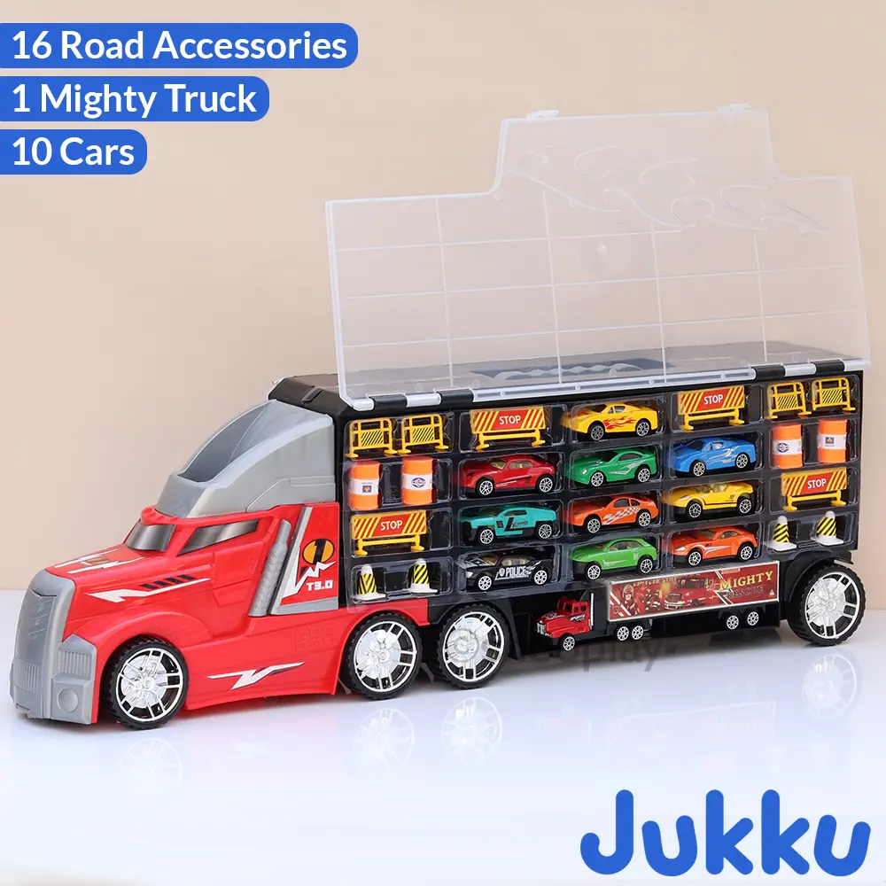 Jukku 8-Wheeler Car Transporter With 10 Cars, 1 Mighty Truck, 16 Road Accessories & 1 Roadmap Game (3 Years Till Grown Ups) 1