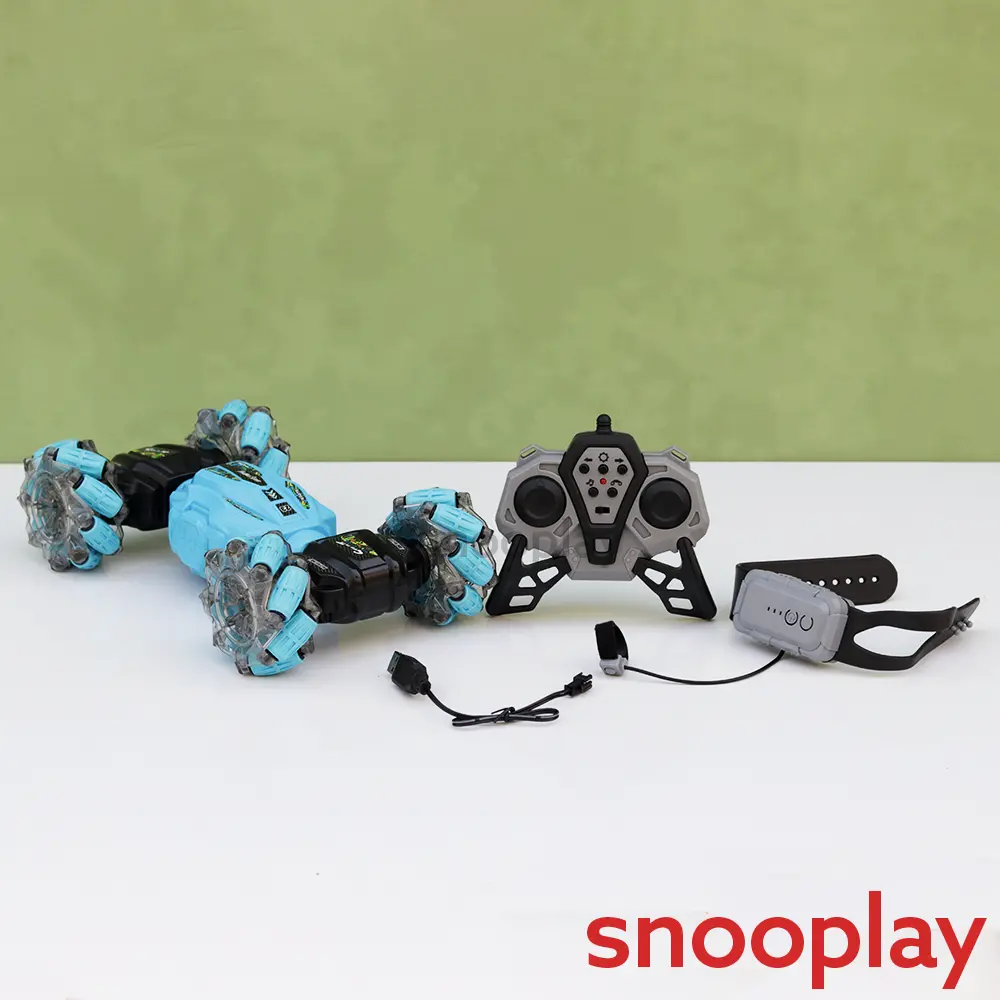 Double Sided 360° Rotating Stunt Toy Car With Remote & Wrist Watch | Light & Sound (5-10 Years) 1