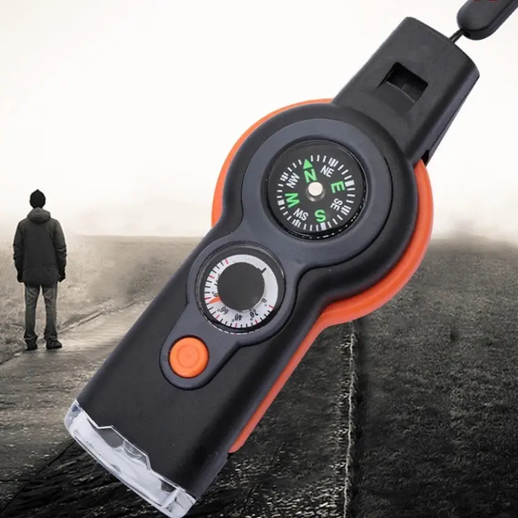 7 In 1 Outdoor Survival Whistle Keychain With Compass Magnifier Led Light Thermometer 1