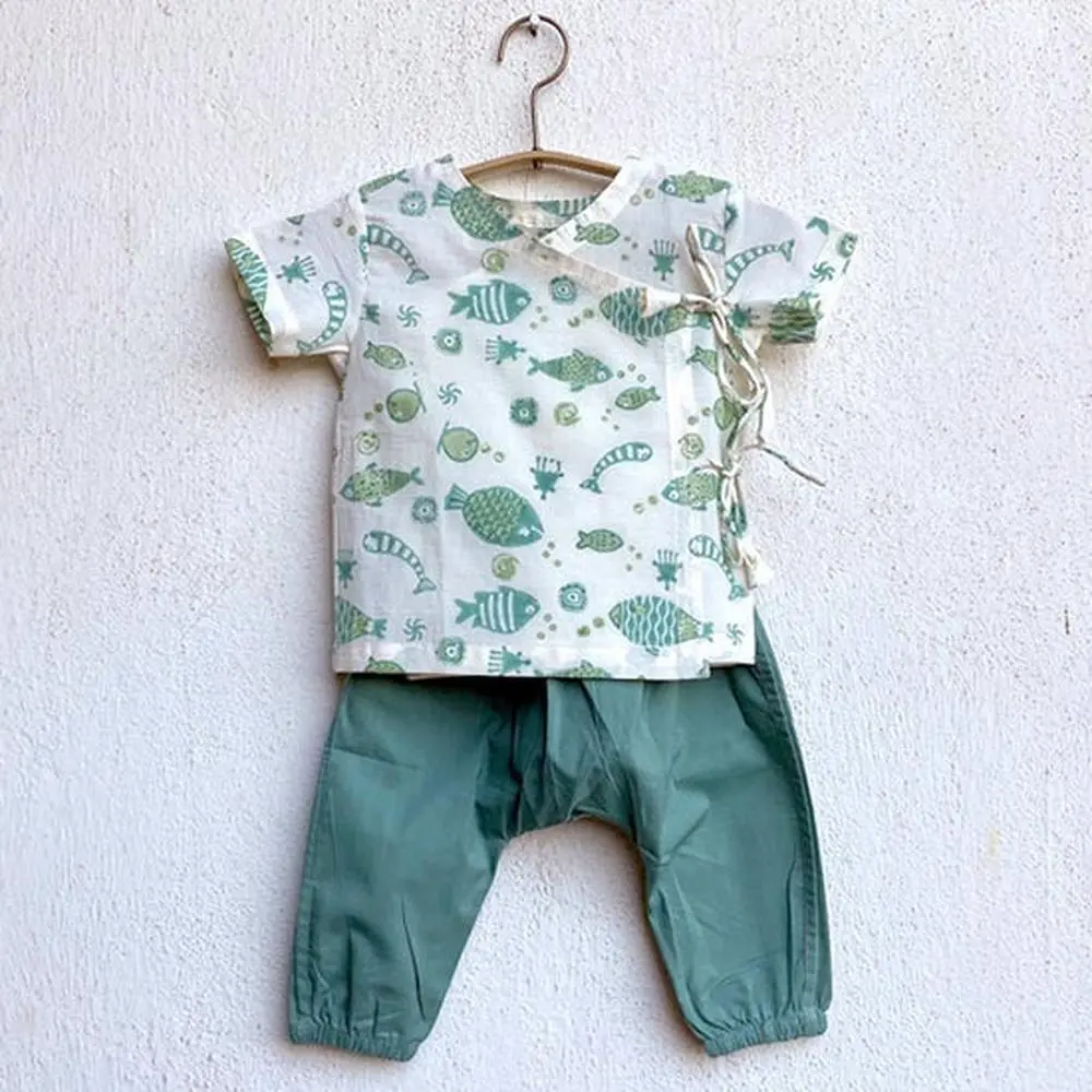 Whitewater Cotton Angarakha And Pyjama Pants Set | Mint Koi 1