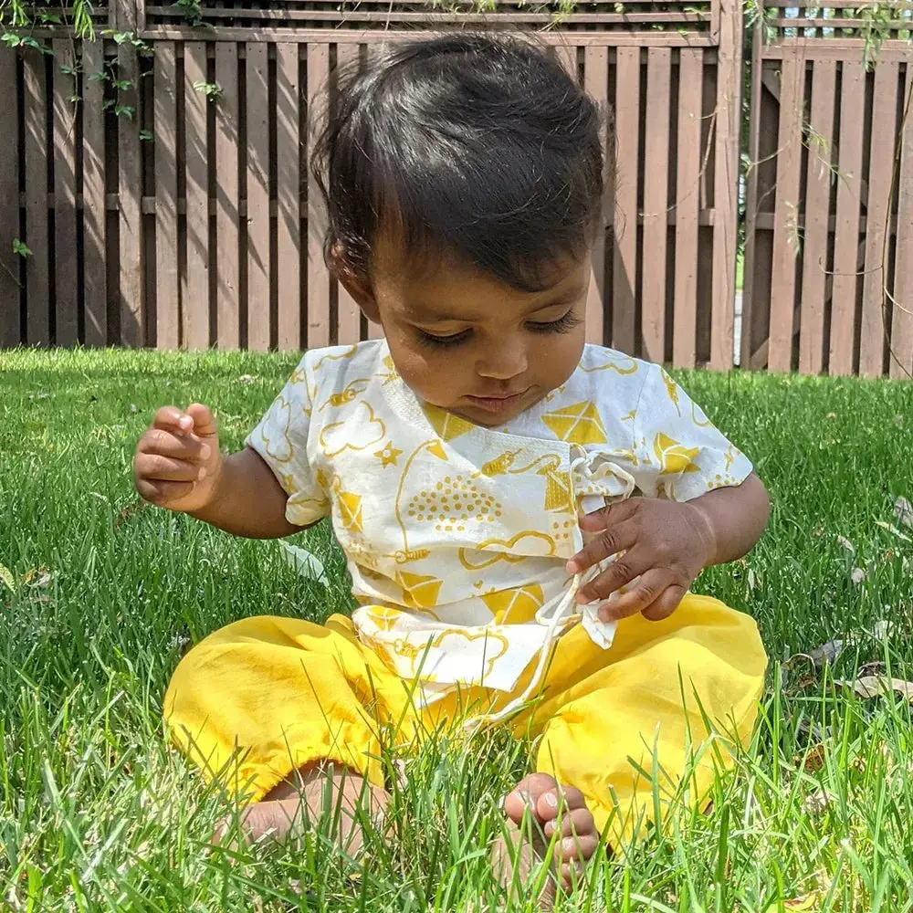 Whitewater Cotton Yellow Patang Angarakha And Pyjama Pants Set 1