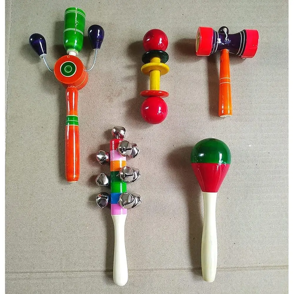 Channapatna Toys Set Of 5 Pieces - Wooden Rattles Toys (3-12 Months) | Assorted Colours 1
