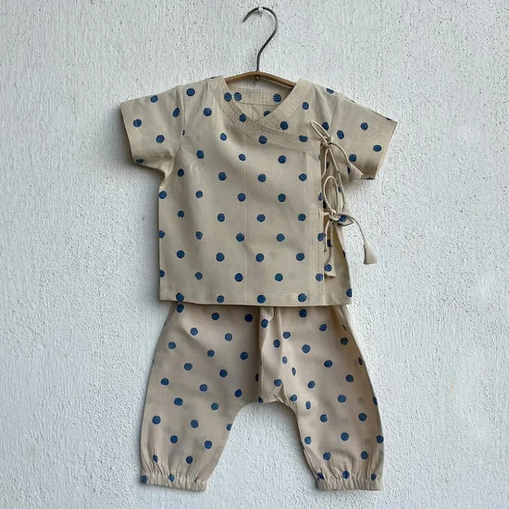 Whitewater Cotton Polka Angarakha And Polka Pajama Pants Set | Indigo Beige 1