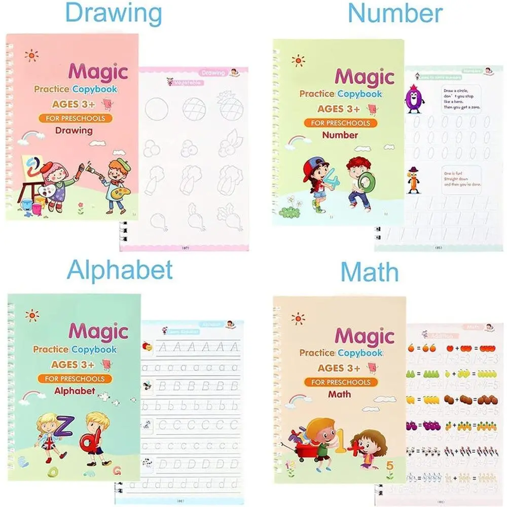 Muren Magic 4 Reusable Writing Practice Book With 10 Premium Magic Ink Refills, 1 Pen & 1 Grip (2-5 Years) 1