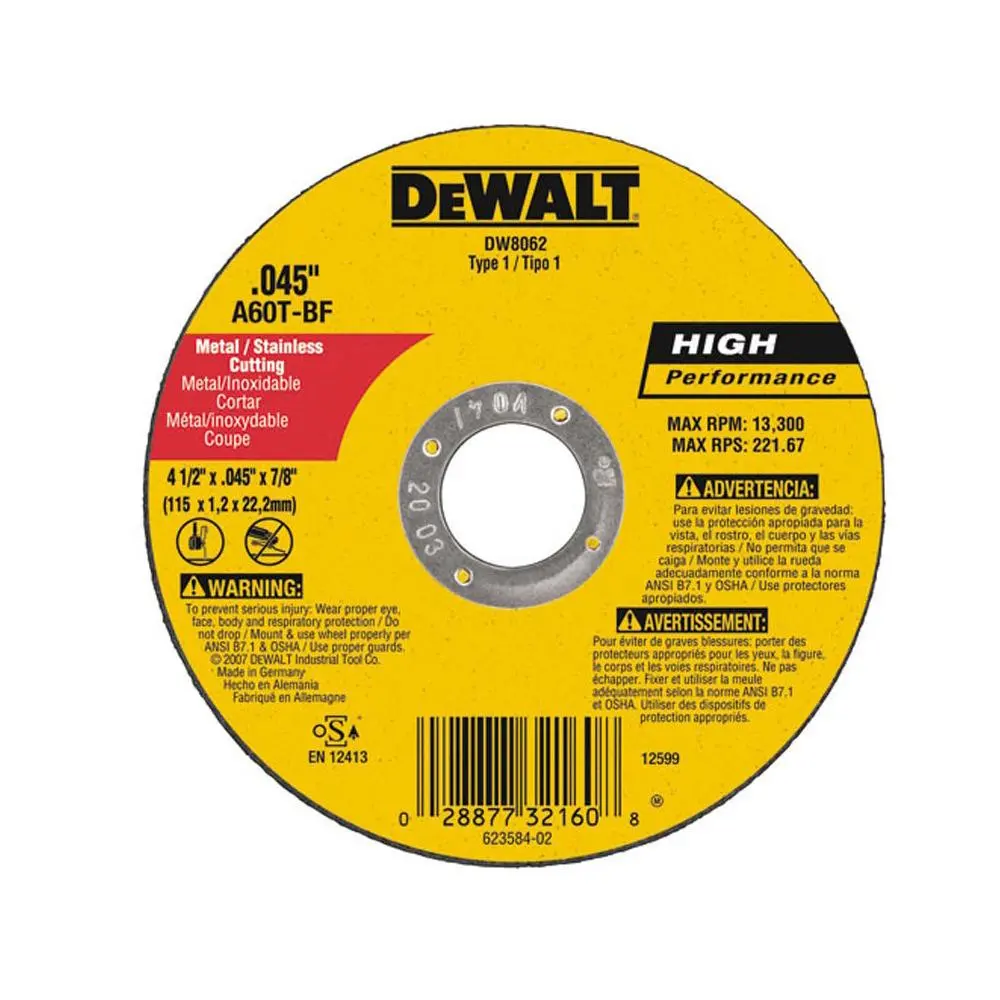 Disco De Corte 4-1/2" X 0.45" X 7/8 De Metal Inoxidable Dw8062 Dewalt 1