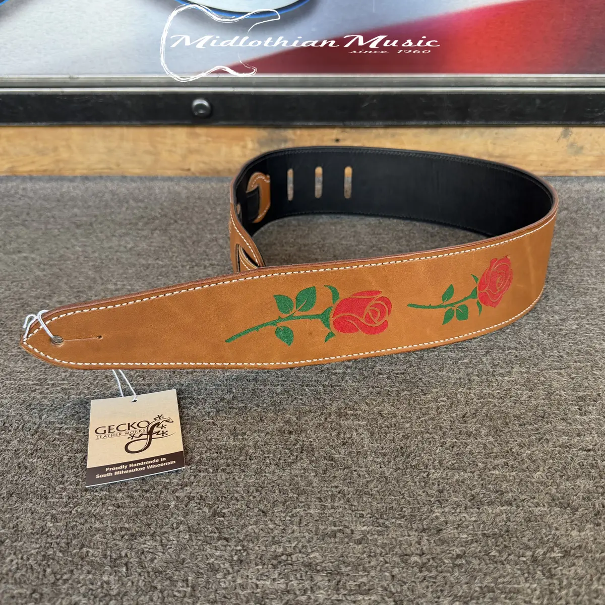 Gecko Leather Works - Handmade Leather Guitar Strap - Brown & Rose Flowers Finish 1