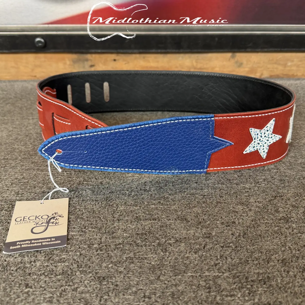 Gecko Leather Works - Handmade Leather Guitar Strap - Red, White, Blue Stars Finish 1