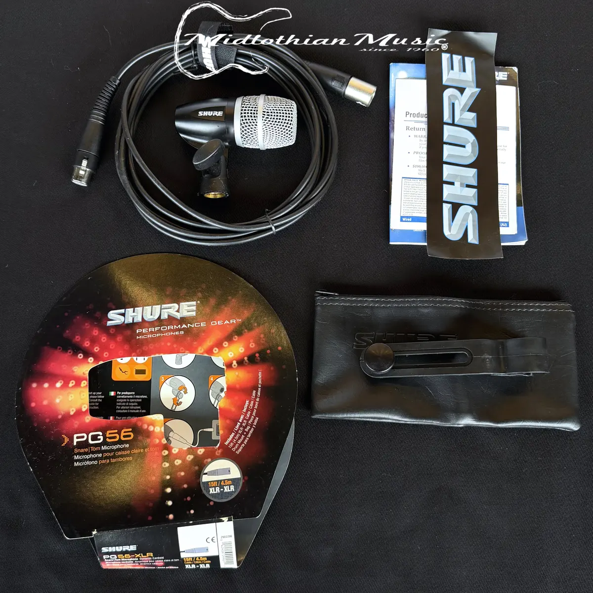 Shure Pg56 Dynamic Snare/Tom Microphone - W/Tom Mount Arm, Carry Bag, Paperwork, 15' Xlr Used 1