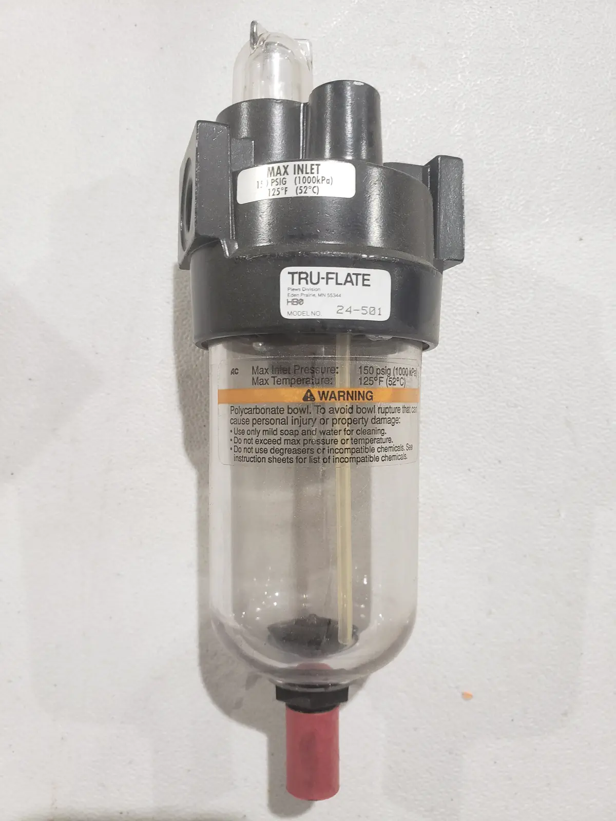 Tru-Flate 24-501 Lubricator, 1/4 In Nptf, 20 Scfm Flow, -10 To +175 Deg F, 5 Oz Bowl, Polycarbonate 1