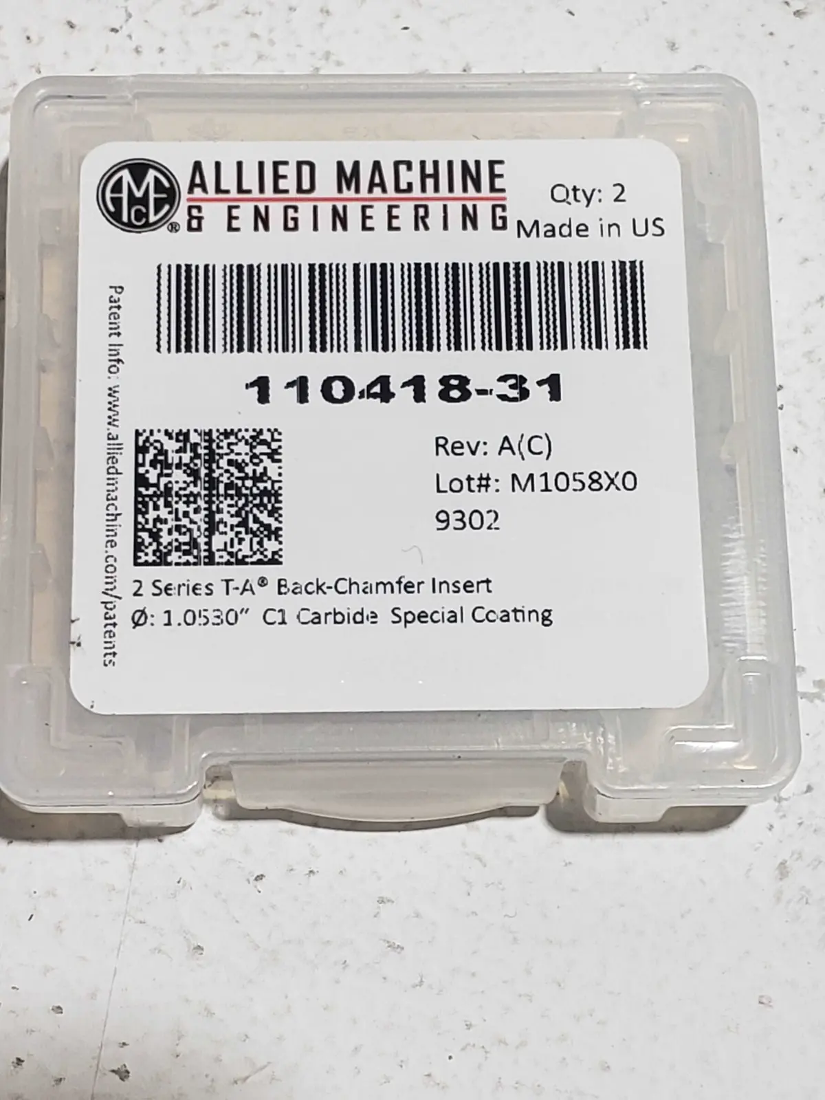 (2 Pcs) Allied Machine & Engineering 2 Series T-A Back-Chamfer Insert 110418-31 1