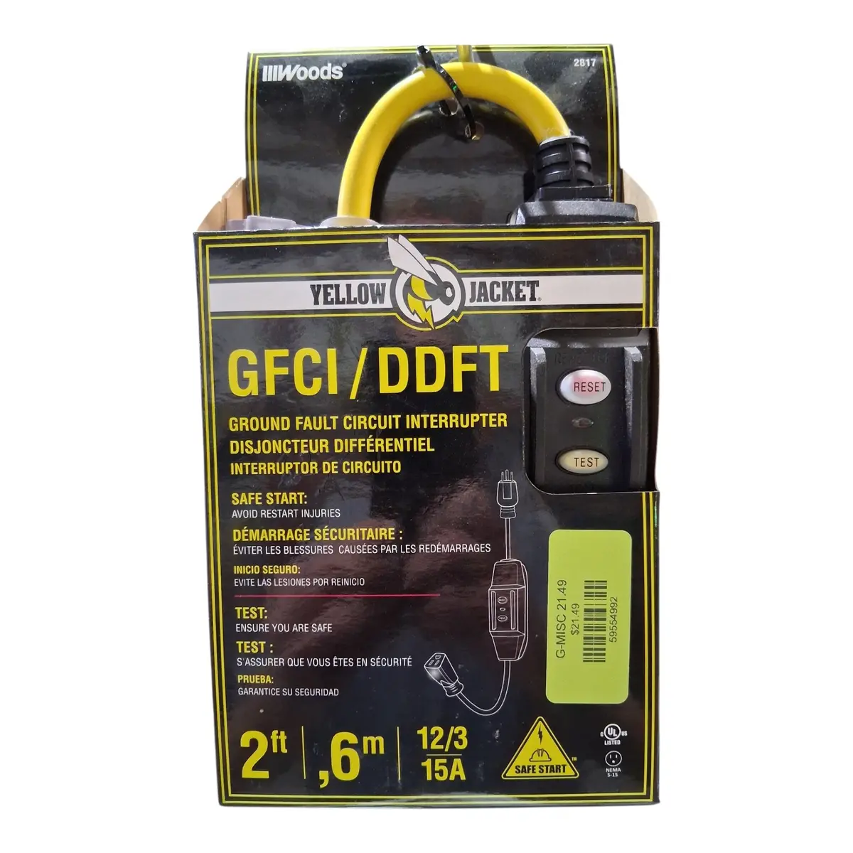 Yellow Jacket In‑Line Gfci — 2 Ft. 12/3 Sjtw Cord With Lighted Receptacle, Yellow 1