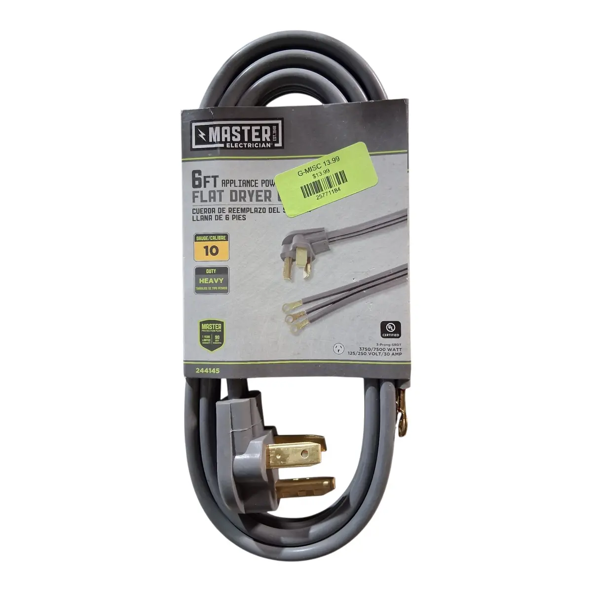 Master Electrician 09124Me 4 Ft. Gray Flat Dryer Cord 1