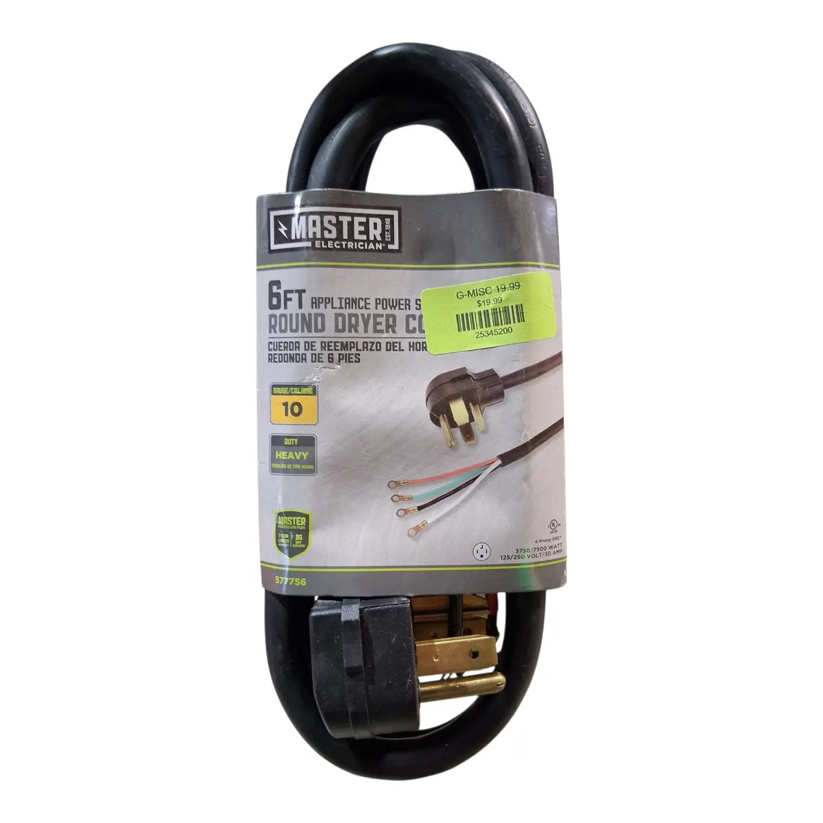 Master Electrician 09156Me — 6‑Ft. 10/4 Black Round Dryer Cord 1