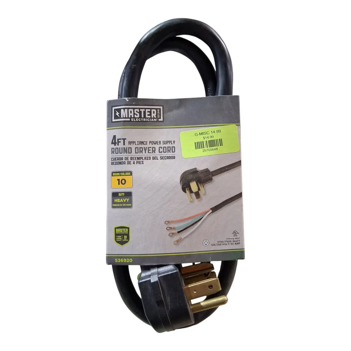 Master Electrician 09154Me — 4‑Ft. 10/4 Srdt Black Round Dryer Cord 1