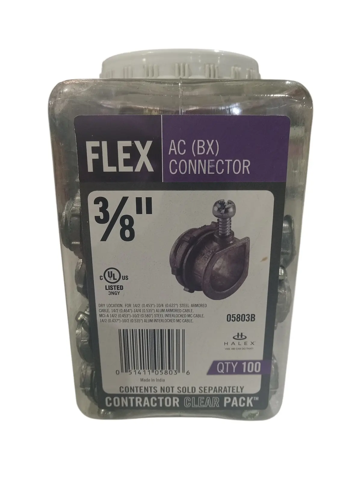 Halex, 05803B, Flexible, Box Cable Connector, 3/8", 100Pk 1