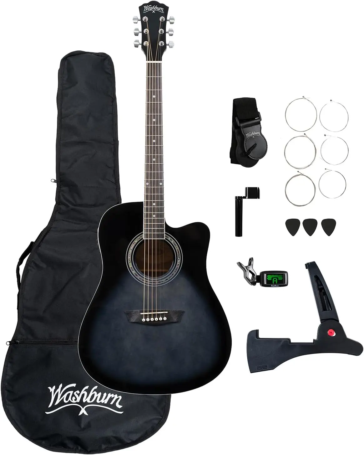 Washburn Wa90ce(Tbbpack-U) Acoustic-Electric Guitar Kit Bundle - Black Fade Finish 1