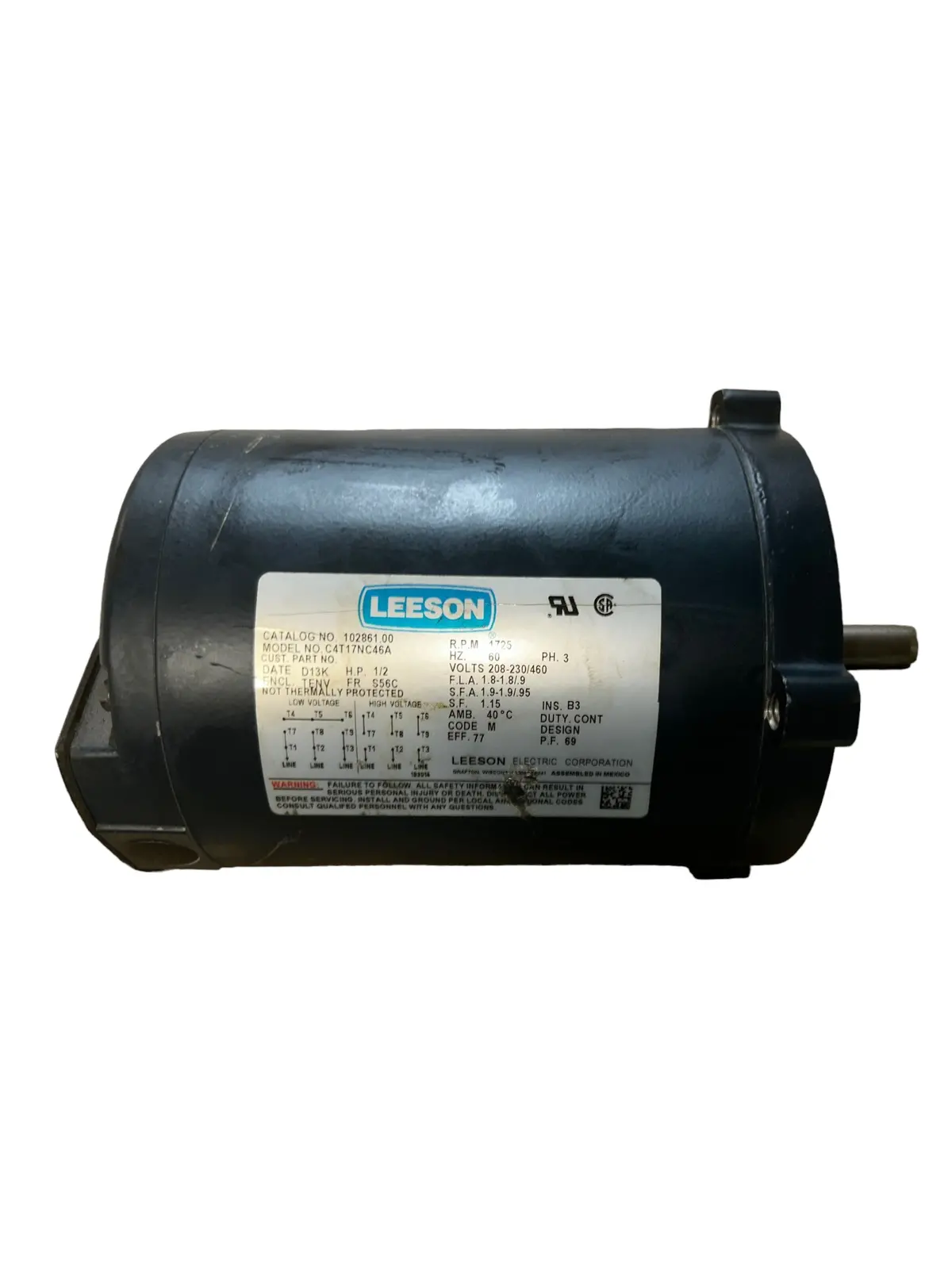Regal Beloit Leeson Electric Co, C4t17nc46a, General Purpose Motor - 3 Ph, 1/2 Hp, 1750 Rpm, 208-230/460 V - New No Box 1