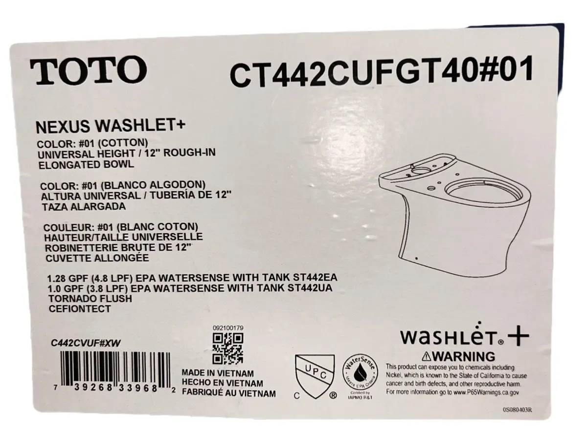 Toto, Ct442cufgt40#01, Nexus, Elongated, Chair Height, Toilet Bowl, Cotton White - New In Box 1