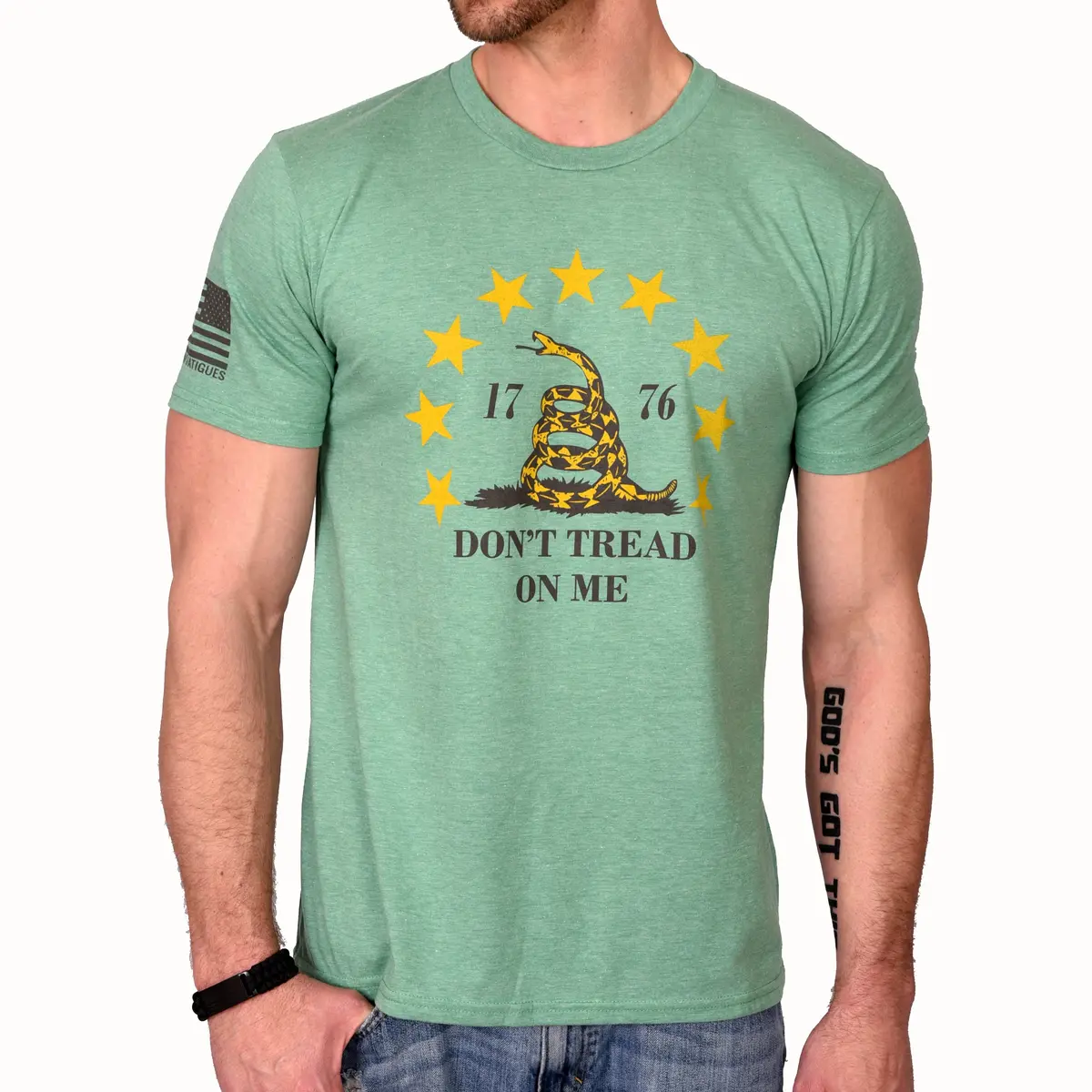 Men's Don't Tread On Me Patriotic T-Shirt (Heather Green) 1