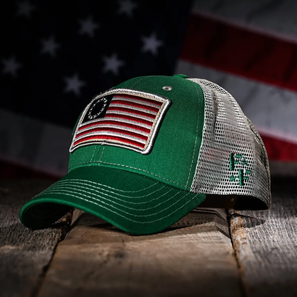 Betsy Ross Flag Patch Trucker Hat (Kelly Green) 1