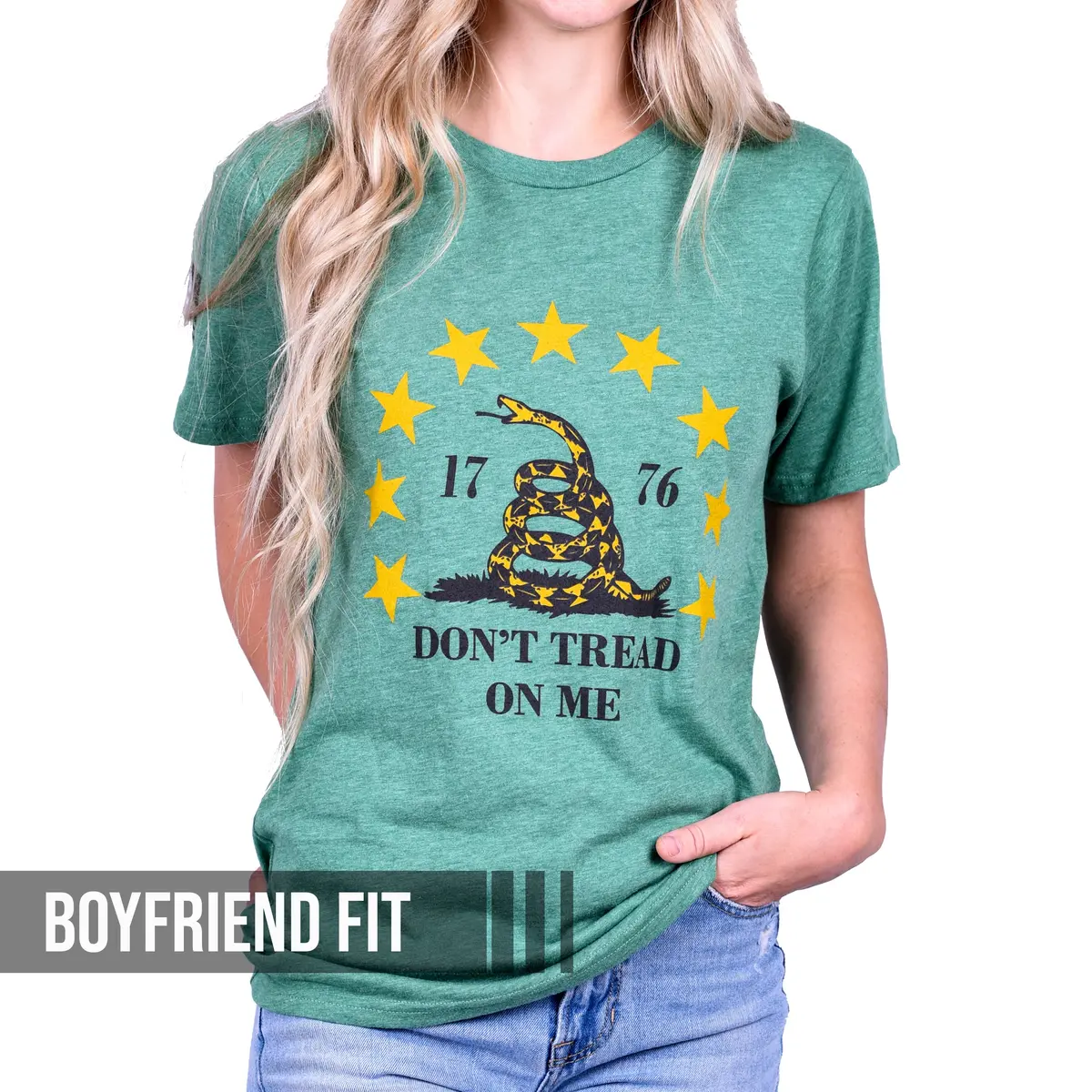 Women's Don't Tread On Me Patriotic Boyfriend Fit T-Shirt (Heather Green) 1