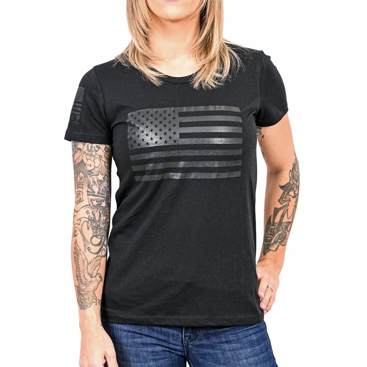 Women's Murdered Out American Flag Patriotic T-Shirt 1