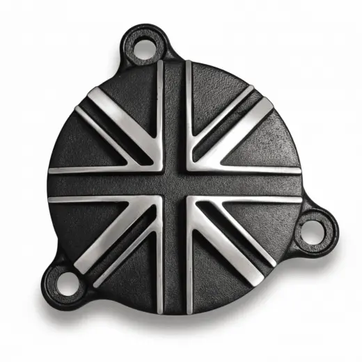 Motone Royal Enfield 350 Oil Filter Cover - Union Jack - Black With Silver Fins 1