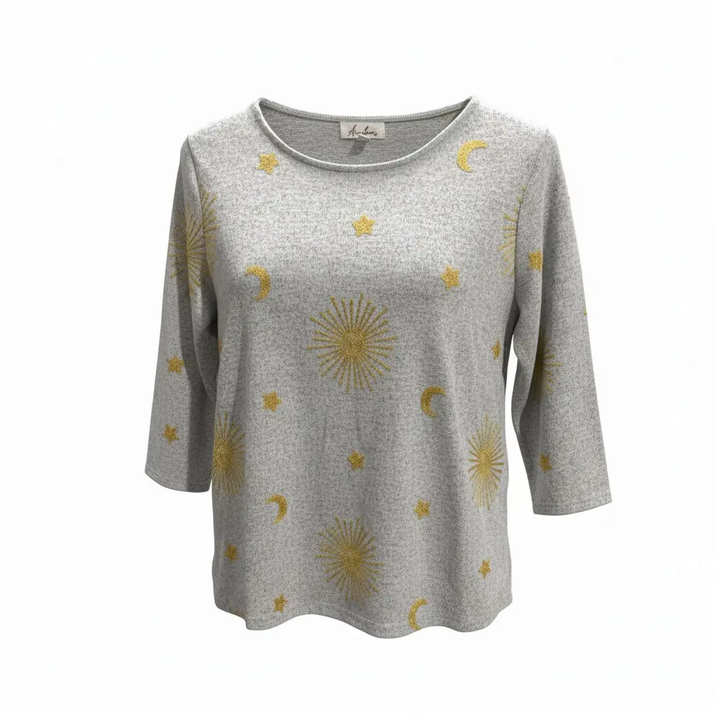 Anneliese Grey Woven Women’S Sweater With Gold Moons And Stars 1