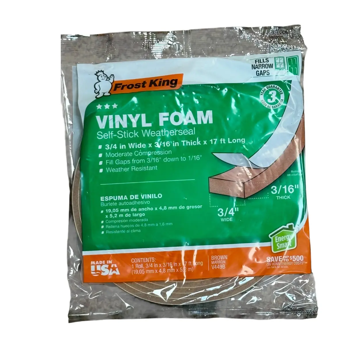 Frost King Thermwell V449bh 17-Ft. Brown Vinyl Foam Weather Strip Tape 1