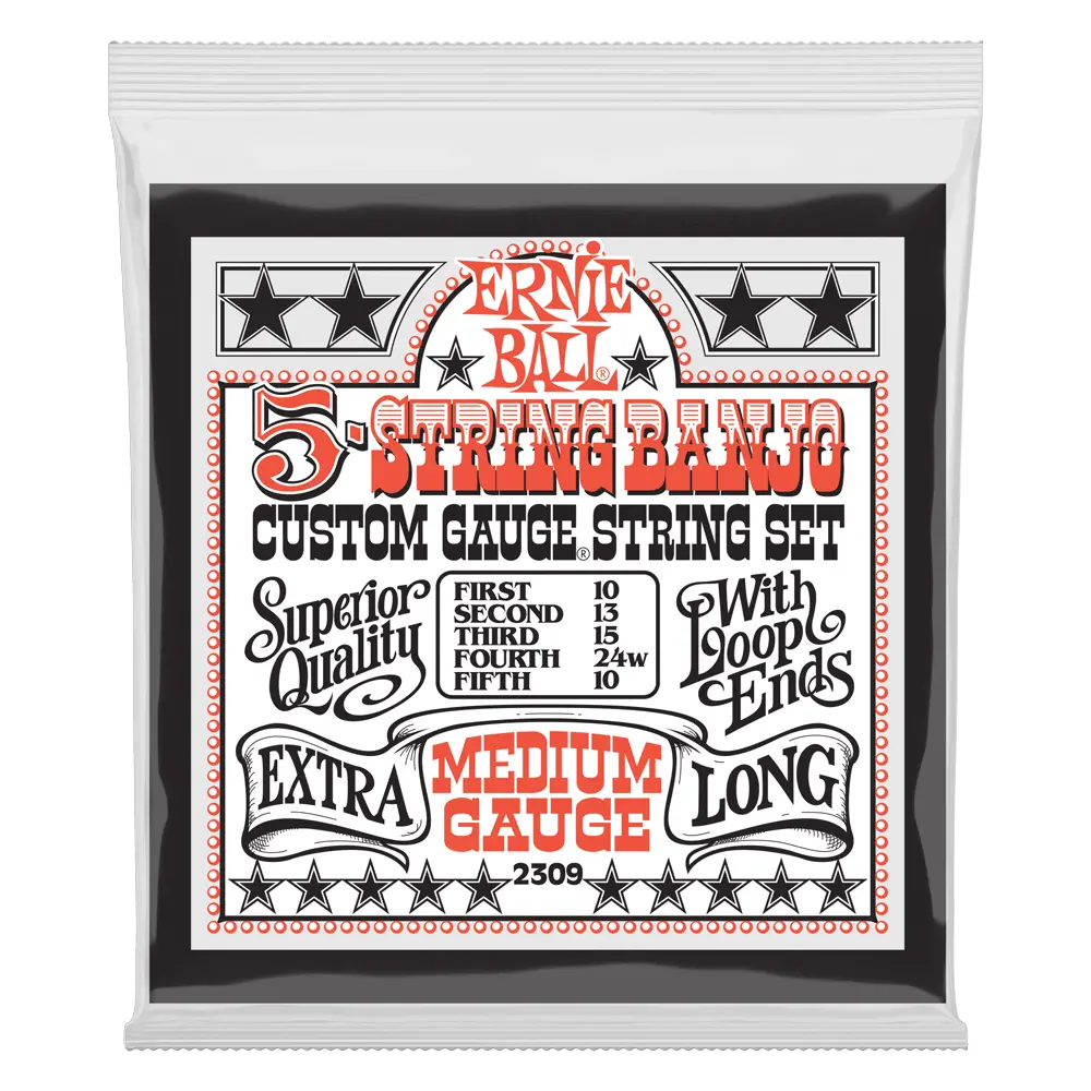 Ernie Ball - Medium Gauge Extra Long - 5-String Loop End Banjo Strings - 10-10 Gauge (1 Pack) 1
