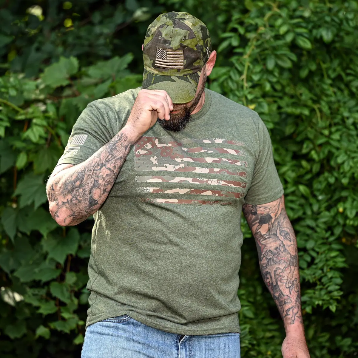 Men's Camo American Flag Patriotic T-Shirt (Army Green) 2