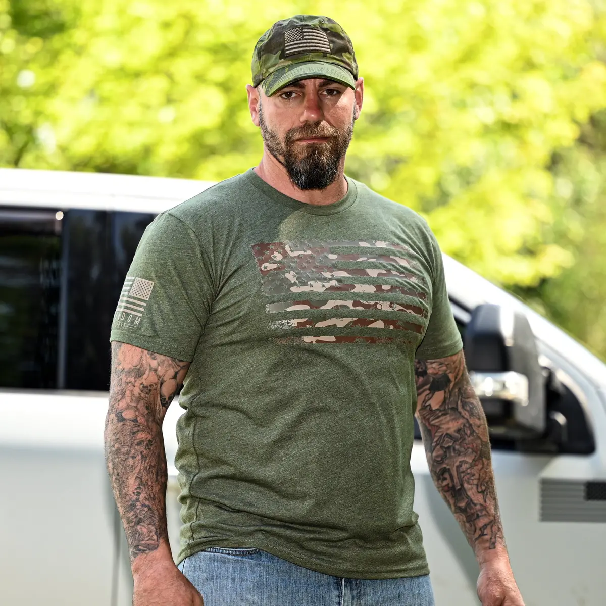Men's Camo American Flag Patriotic T-Shirt (Army Green) 4