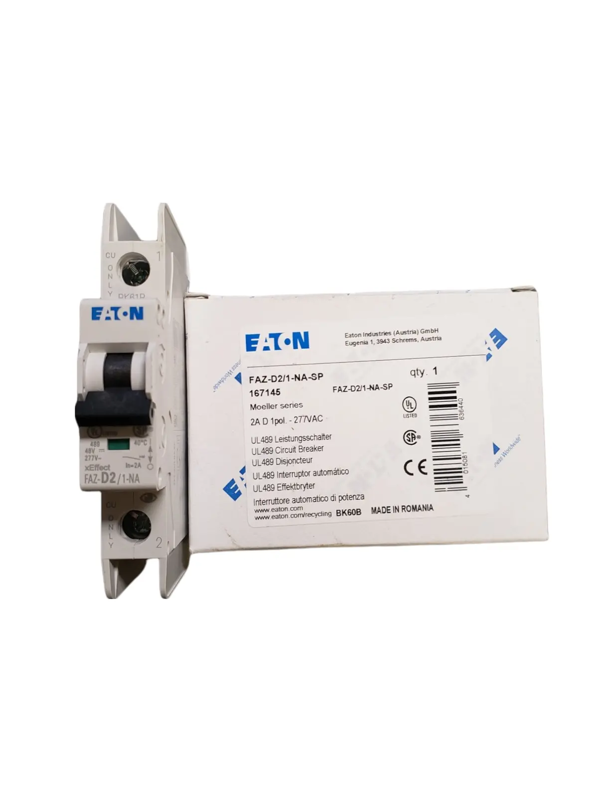 Eaton - Cutler Hammer Faz-D2/1-Na-Sp Iec Miniature Circuit Breaker, Amps 2 A, Curve Type D, Phase 1 1
