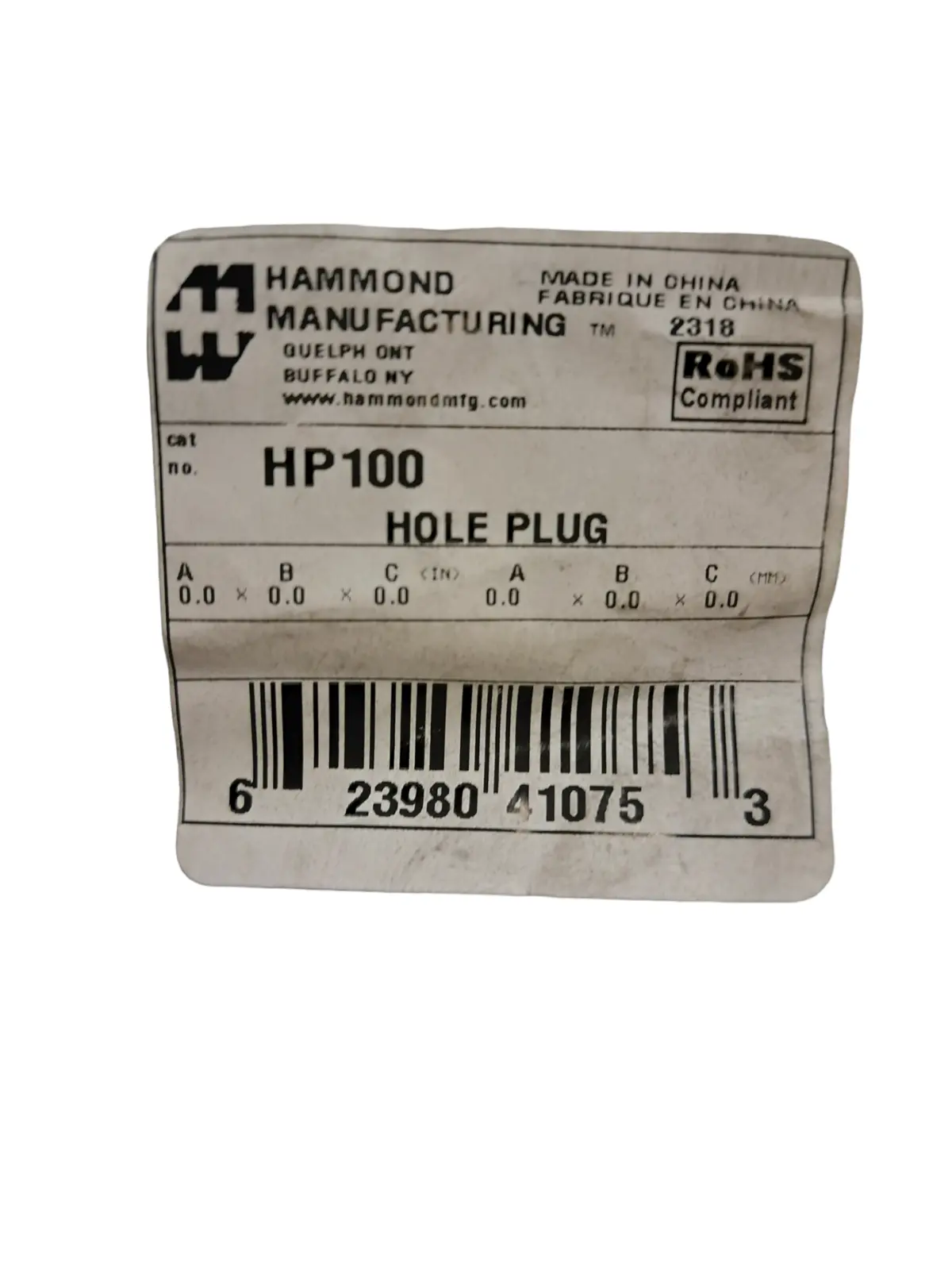 Hammond Manufacturing, Hp100, Hole Plug - New In Original Packaging 1