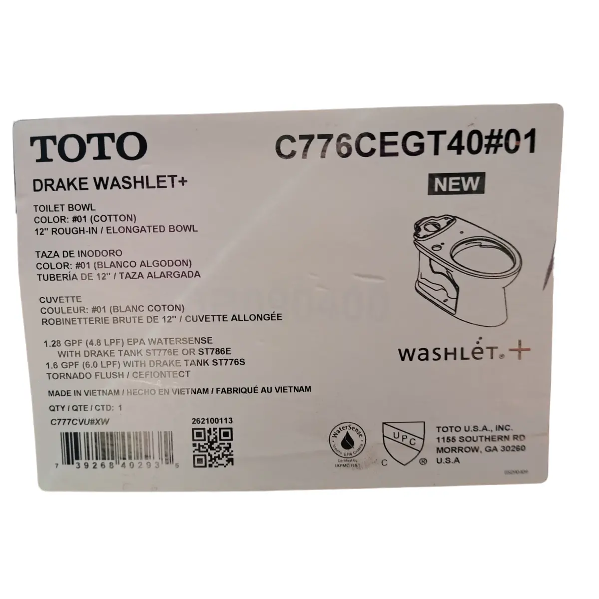 Toto, C776cegt40#01, Drake, Elongated, Toilet Bowl, Wash-Let+, Cotton White - New In Box 1