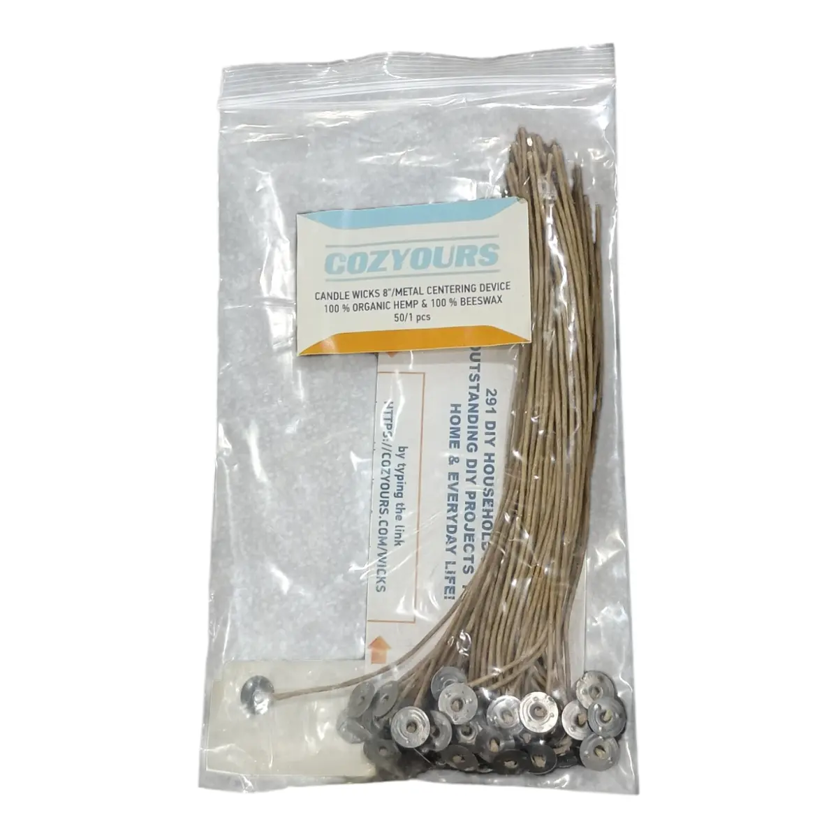 Candle, Wicks, 8", Metal Centering Device, 100% Organic Hemp, 100% Beeswax, 50 Pieces 1