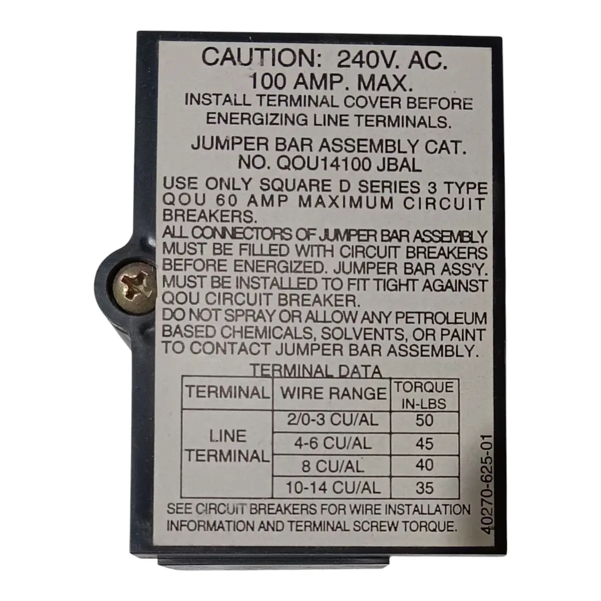 Square D, Qou, 4 Pole, Jumper Bar Base Assembly, 100A, Left-Side Wiring 1