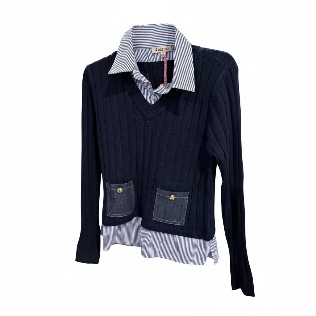 Nannette Blue Sweater Collared Pullover 1