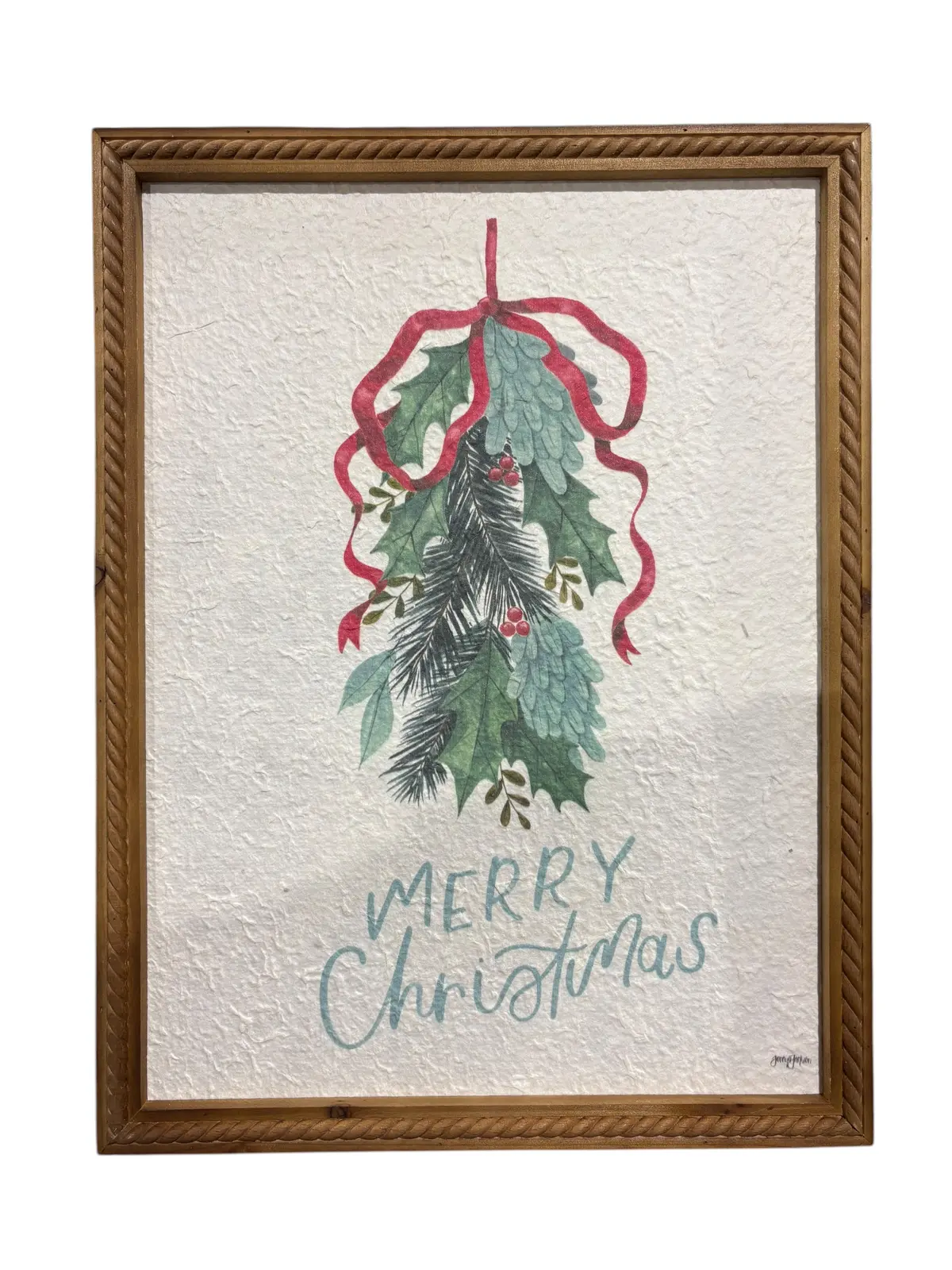 Creative Co Op, Wood Framed, Merry Christmas, Wall Décor, Holly, Bow 1