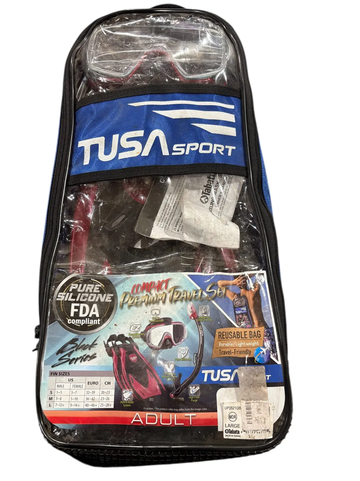 Tusa Sport, Adult, Mask, Dry Snorkel, Fins, Travel Set, Large, Black/Metallic Red 1
