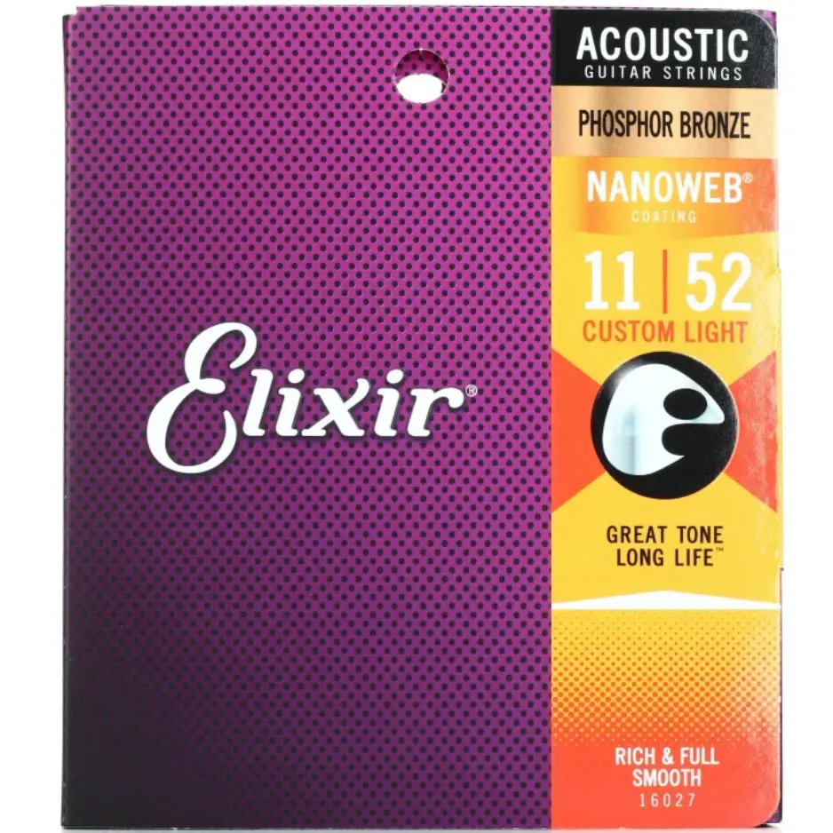 Elixir 16027 - Nanoweb Phosphor Bronze Acoustic Guitar Strings - .011-.052 Custom Light (1 Pack) 1