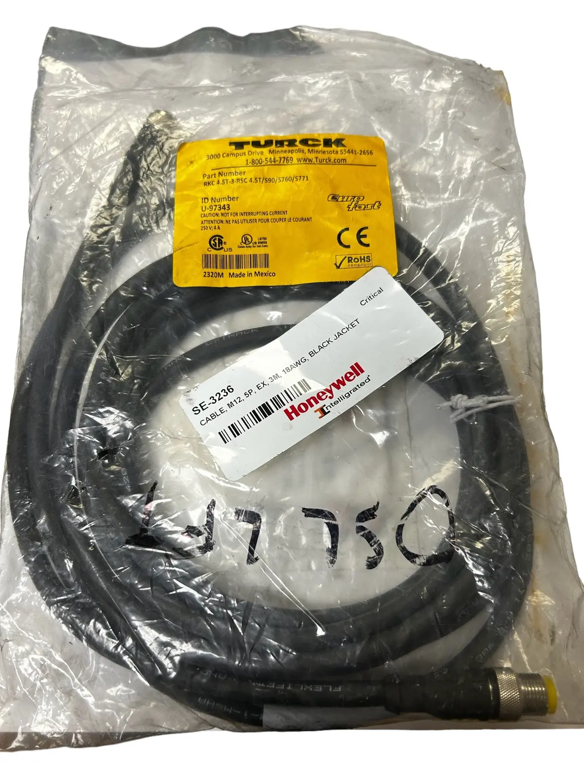 Turck, Rkc 4.5T-3-Rsc 4.5T/S90/S760/S771, Double-Ended, Cordset, Straight Female Connector, Straight Male Connector - New In Original Packaging 1