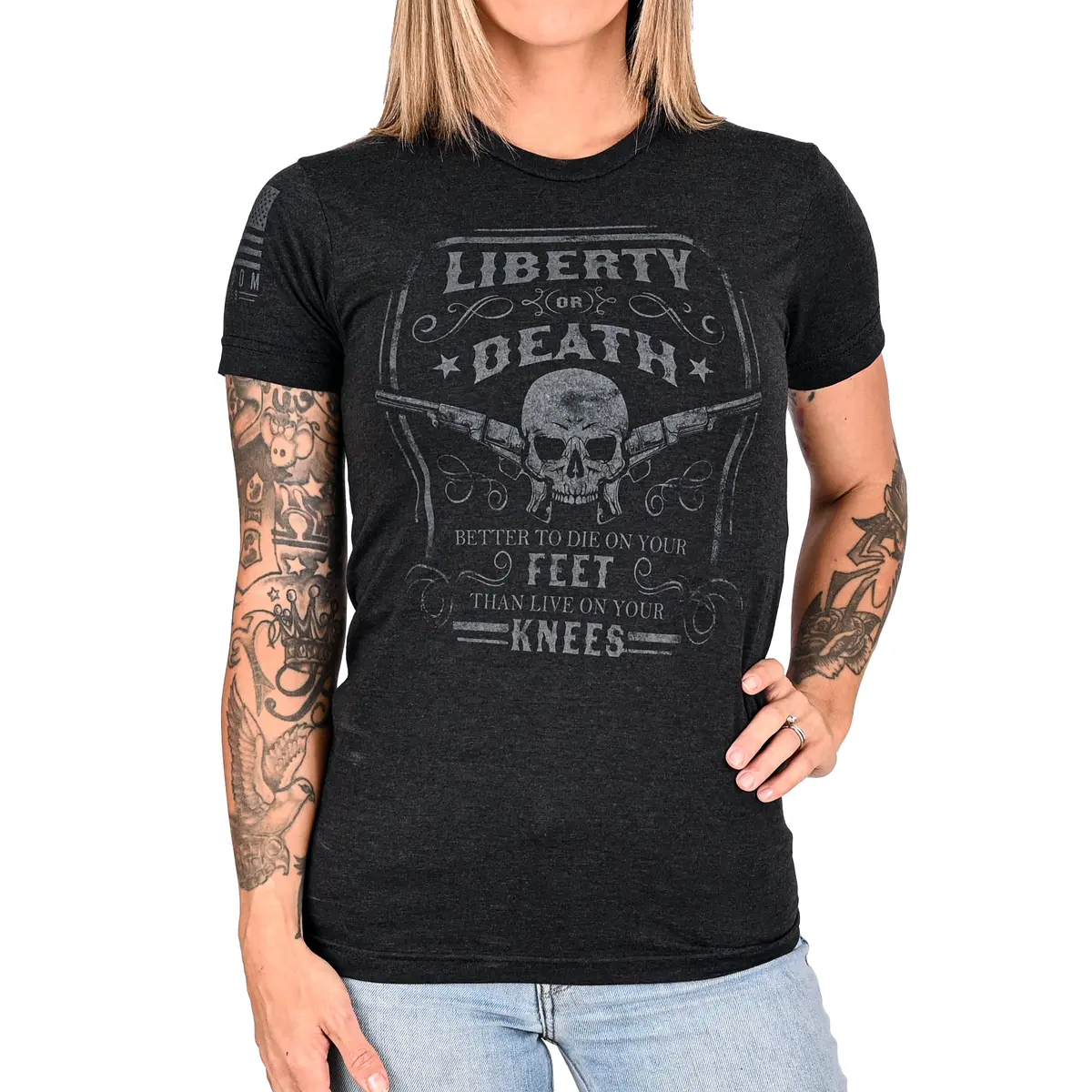 Women's Liberty Or Death Patriotic Boyfriend Fit T-Shirt (Black On Black) 1